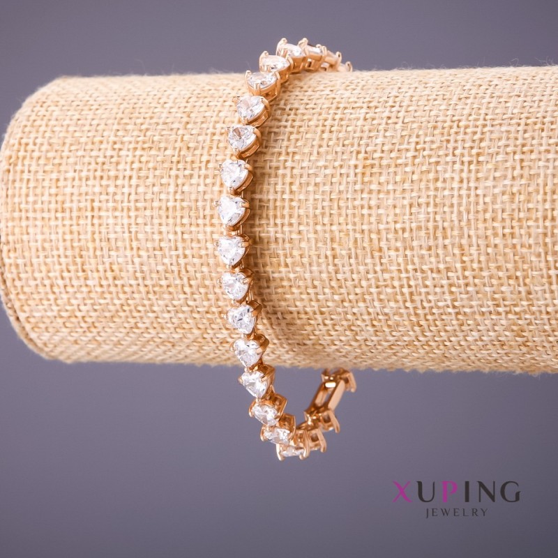 Bransoletka Xuping z białymi kamieniami w kształcie serc, długość 18–20 cm, grubość 6,5 mm, kolor złota