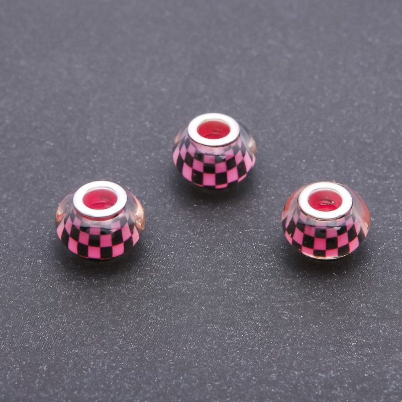 Koralik Pandora różowy «szachownica» z plastiku, średnica 13 mm, otwór 5 mm, zestaw 11 szt.