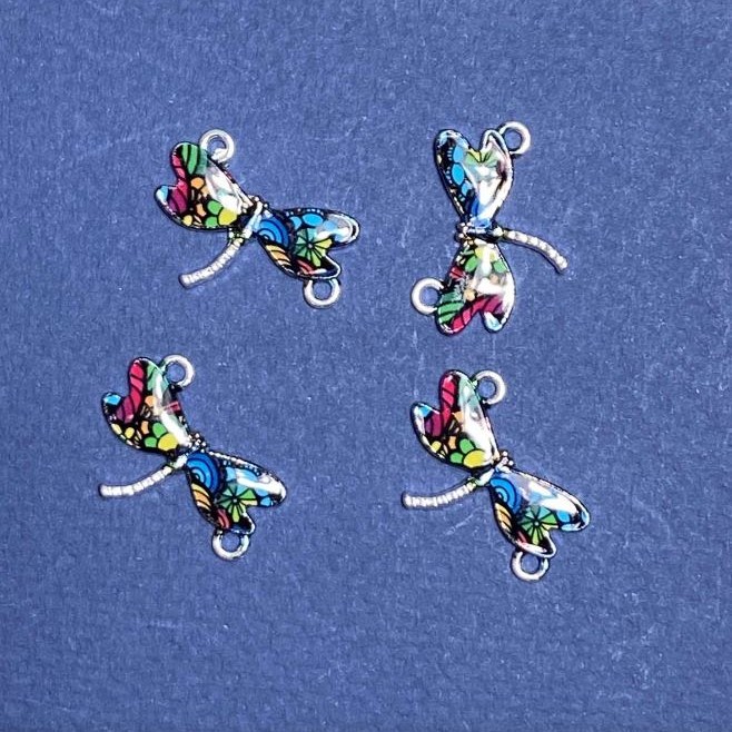 Konektor Ważka z kolorowym nadrukiem, emaliowany, 22×16 mm, zestaw 4 szt.