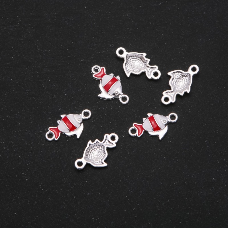 Konektor rybka z czerwonym emalią, 22×13 mm, zestaw 6 sztuk, szary metal