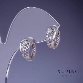 Kolczyki Xuping z greckim wzorem, rhodiowane, 7×14 mm, z białymi cyrkoniami