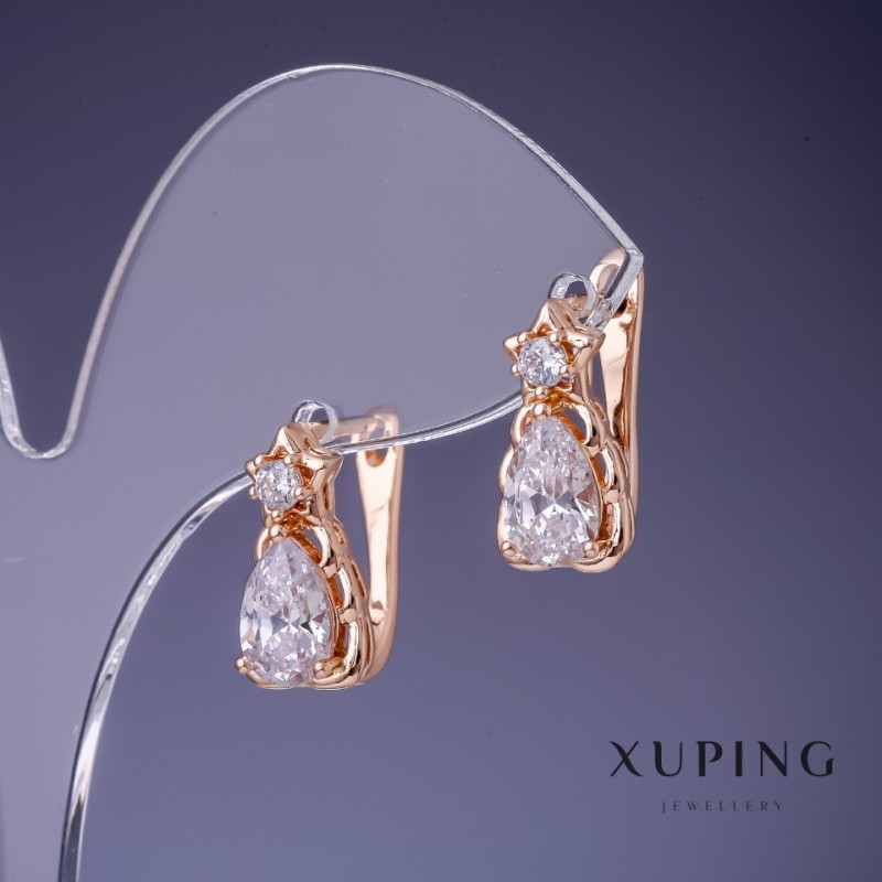 Kolczyki Xuping z białymi kryształami 16×8 mm pozłacenie 18K