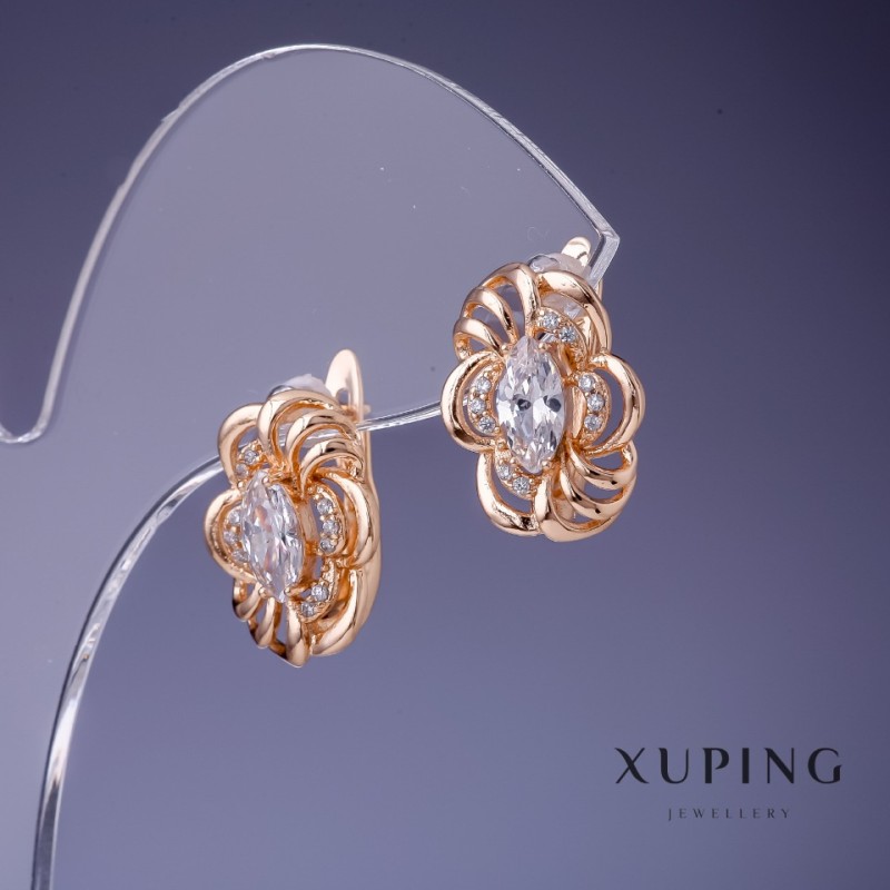 Kolczyki Xuping z białymi kryształami 16×12 mm pozłacane 18K