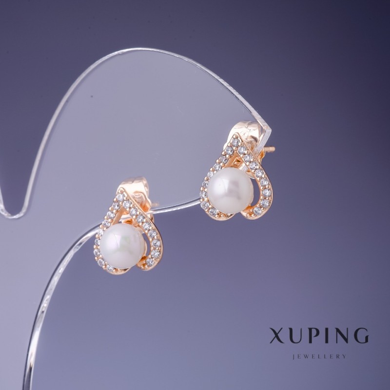 Kolczyki Xuping «Serca» 12×12 mm perła Majorki 6 mm pozłacane 18K