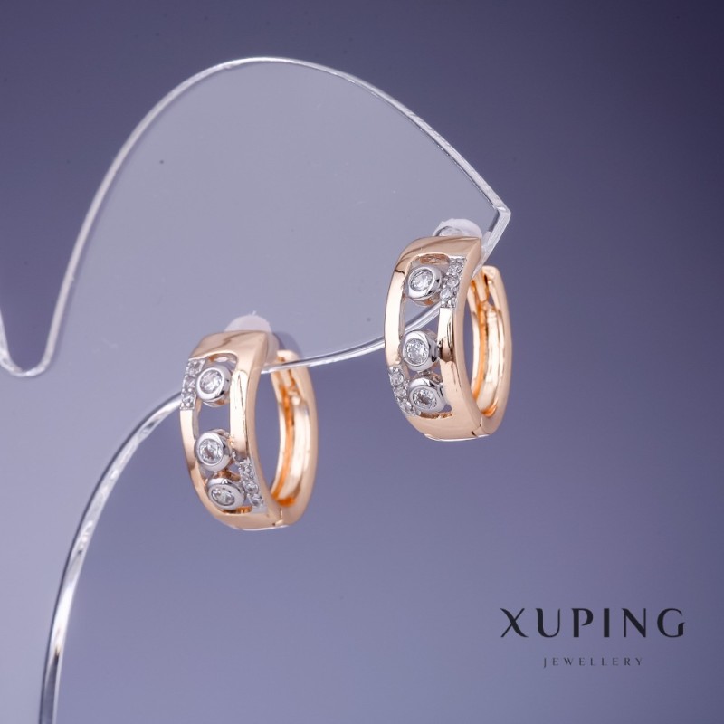 Kolczyki Xuping 15×6 mm, pozłacane 18K, z białymi strassami