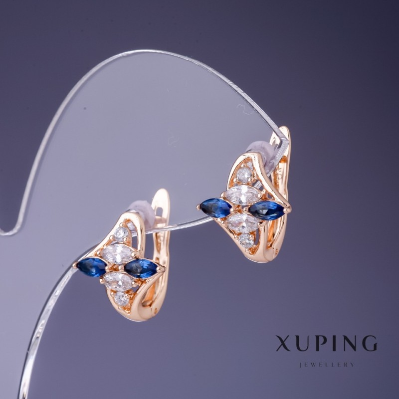 Kolczyki Xuping z białymi i niebieskimi kamieniami, pozłacane 18K, 14×13 mm