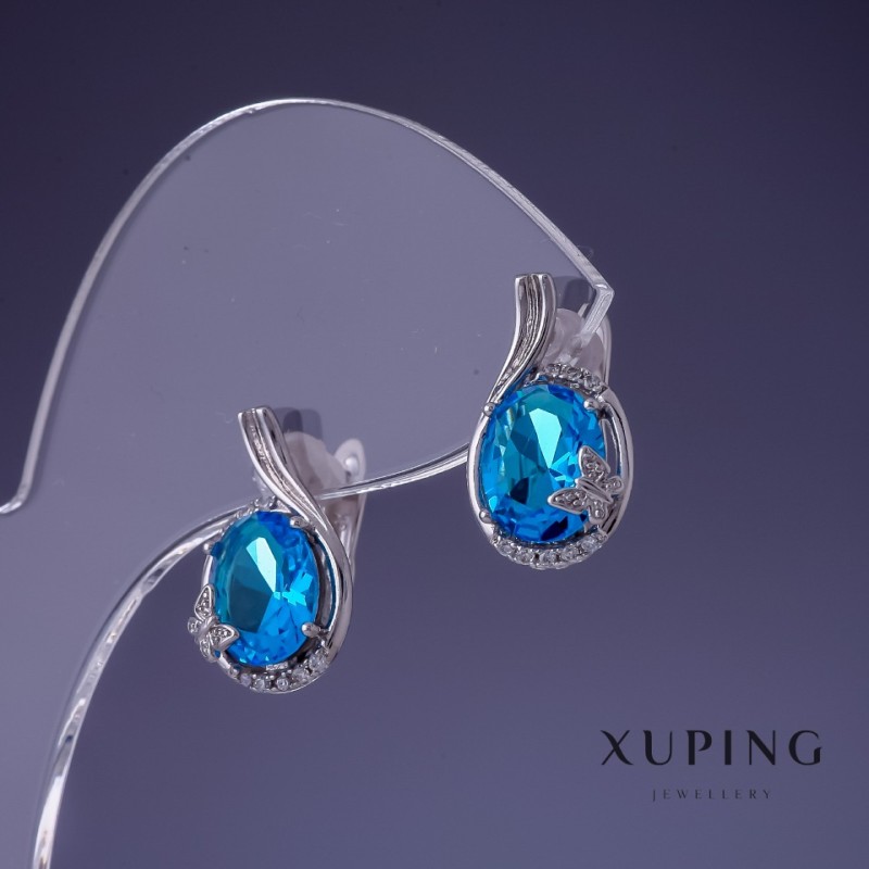 Kolczyki Xuping z niebieskim topazem i cyrkonią, 17×10 mm, rodowane