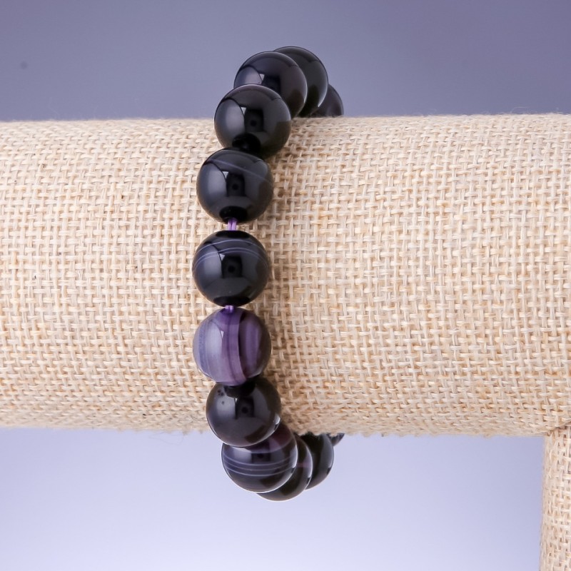 Bransoletka z agatu oczkowego, fioletowa, gładkie kuleczki, średnica 12 mm, obwód 18 cm, na elastycznej gumce