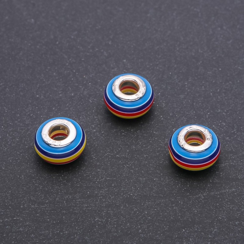 Koralik Pandora w czerwono-żółto-niebieskim pasku 14×8 mm, otwór 5 mm, opakowanie 10 szt.
