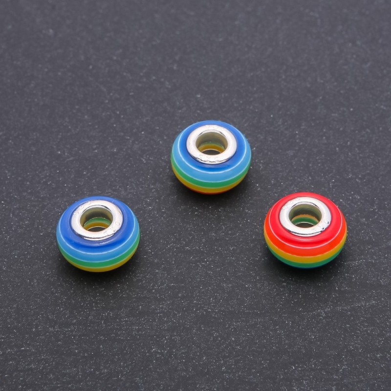 Koralik Pandora z paskiem pomarańczowo-żółto-niebieskim, wymiary 14×8 mm, otwór 5 mm, opakowanie 10 szt.