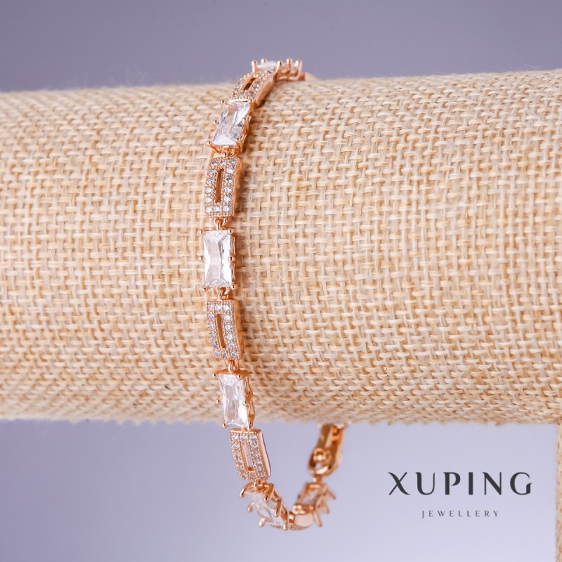 Bransoleta Xuping z białymi cyrkoniami, grubość 5 mm, długość 17–19 cm, pozłacanie 18K