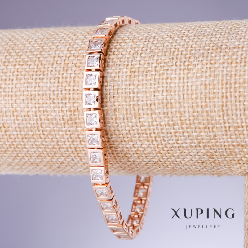 Bransoletka Xuping z białymi cyrkoniami, grubość 5 mm, długość 18–21 cm, pozłacanie 18K