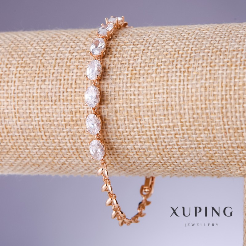 Bransoleta Xuping z białymi cyrkoniami, grubość 5 mm, długość 17–20 cm, pozłacanie 18K