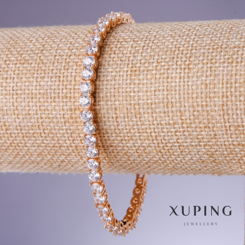 Bransoletka Xuping z białymi cyrkoniami, grubość 4 mm, długość 18–20 cm, pozłacanie 18K