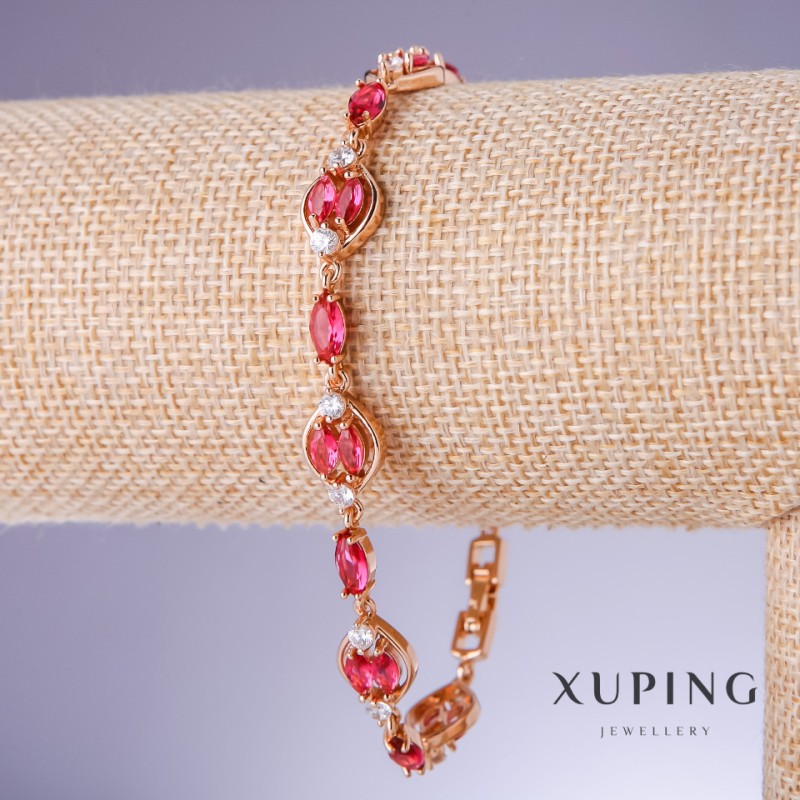 Bransoletka Xuping z czerwonymi cyrkoniami „Rubin”, grubość 10 mm, długość 19–22 cm, pozłota 18K