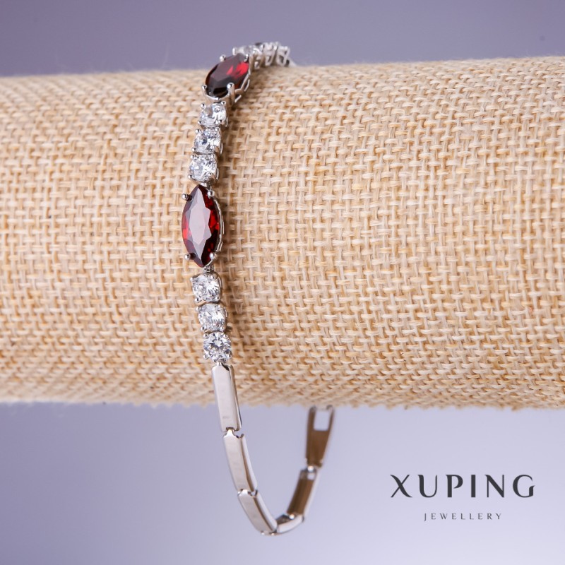 Bransoletka Xuping z czerwonymi cyrkoniami „Rubin”, grubość 3–6 mm, długość 18–19 cm, rodowane 18K