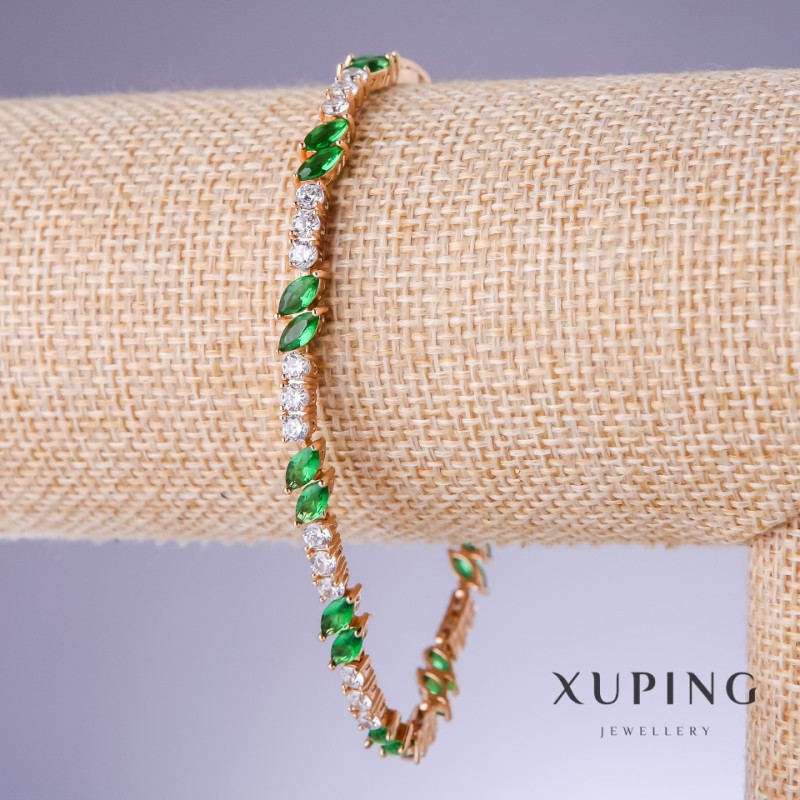 Bransoletka Xuping z zielonymi cyrkonami «Smaragd», grubość 5 mm, długość 18–21 cm, pozłacenie 18K