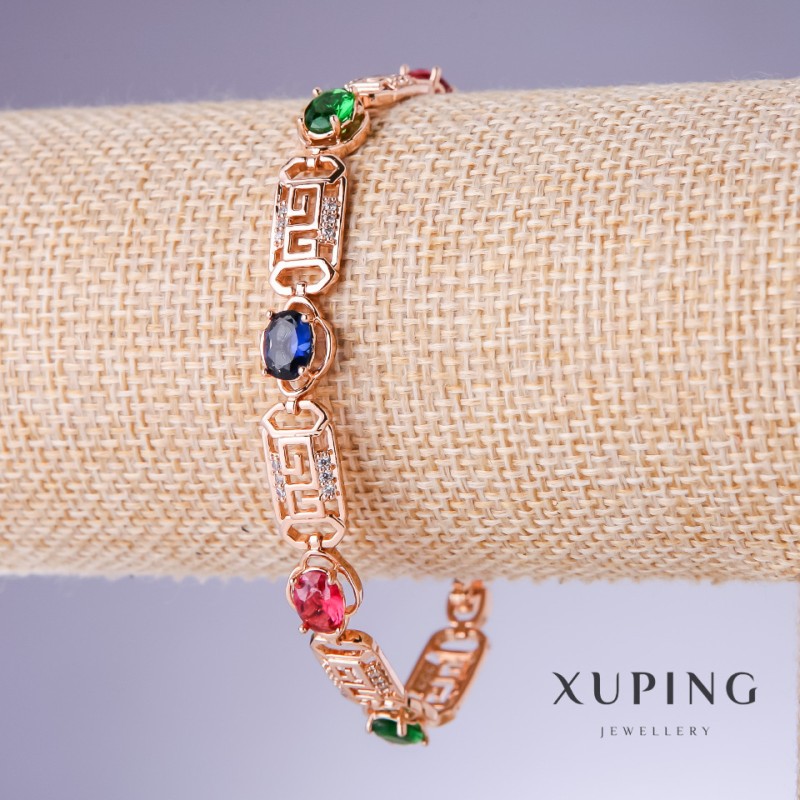 Bransoletka Xuping z różnokolorowymi cyrkoniami, grubość 8 mm, długość 17,5–19,5 cm, pozłacanie 18K