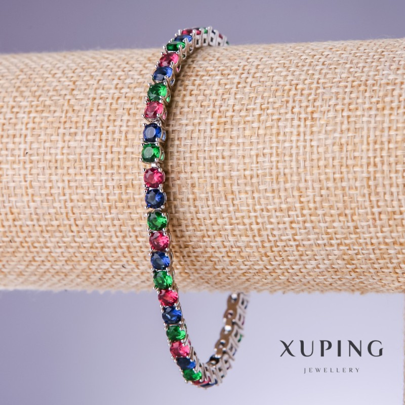Bransoletka Xuping z różnokolorowymi cyrkoniami, grubość 4 mm, długość 18–20 cm, rodowane 18K