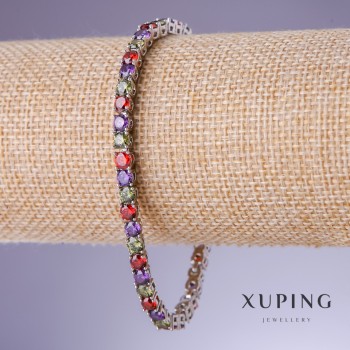 Bransoletka Xuping z różnokolorowymi cyrkoniami, grubość 4 mm, długość 18–20 cm, rodowana 18K
