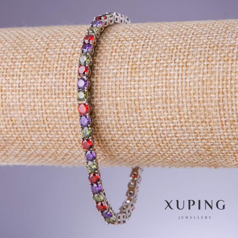Bransoletka Xuping z różnokolorowymi cyrkoniami, grubość 4 mm, długość 18–20 cm, rodowana 18K