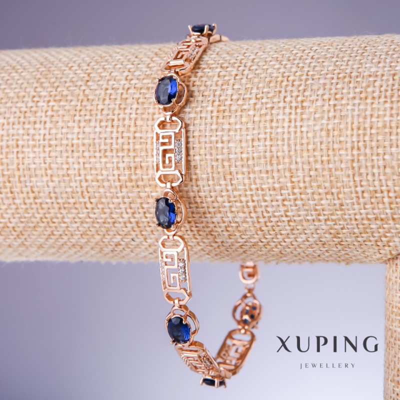 Bransoletka Xuping z niebieskimi cyrkonami «Szafir», grubość 8 mm, długość 18–20 cm, pozłacanie 18K