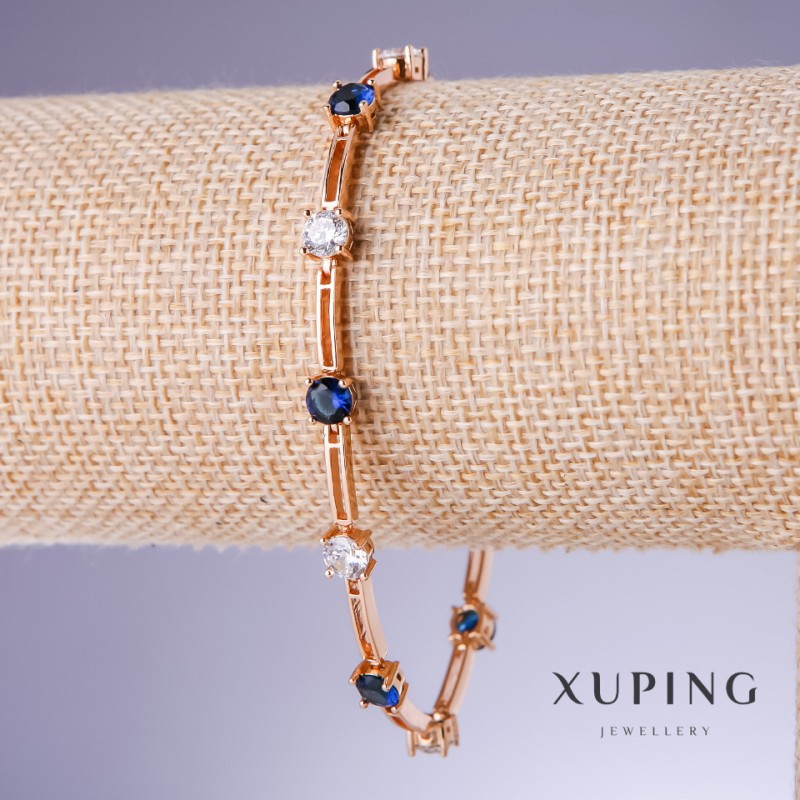 Bransoletka Xuping z niebieskimi cyrkoniami «Szafir», grubość 5 mm, długość 18–20 cm, pozłacanie 18K