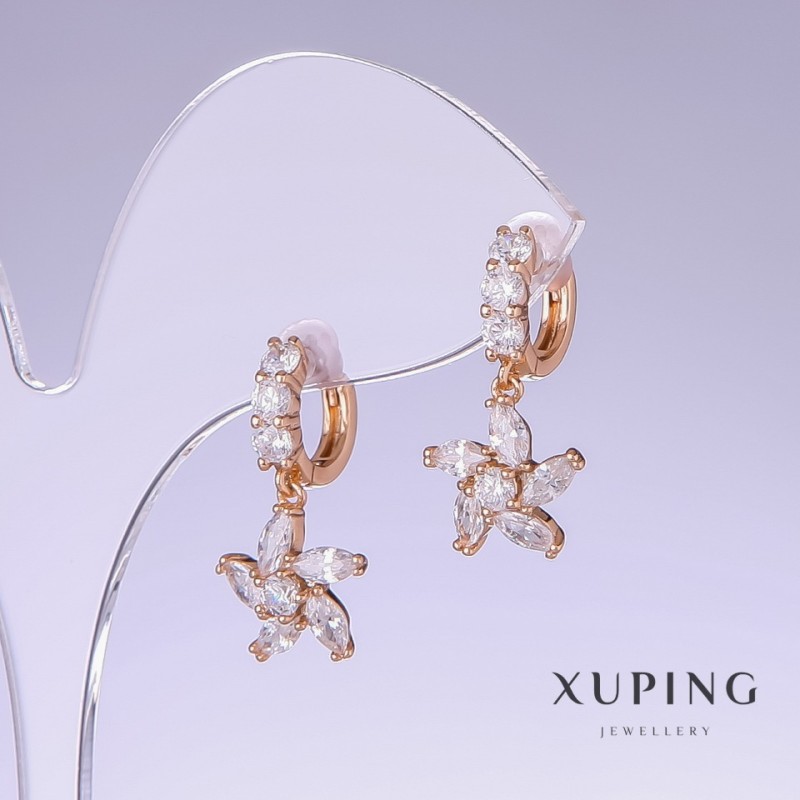 Kolczyki Xuping z białą cyrkonią, długość 23 mm, grubość 11 mm, pozłacanie 18K