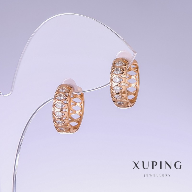 Kolczyki Xuping z białą cyrkonią, długość 16 mm, grubość 5 mm, pozłacane 18K