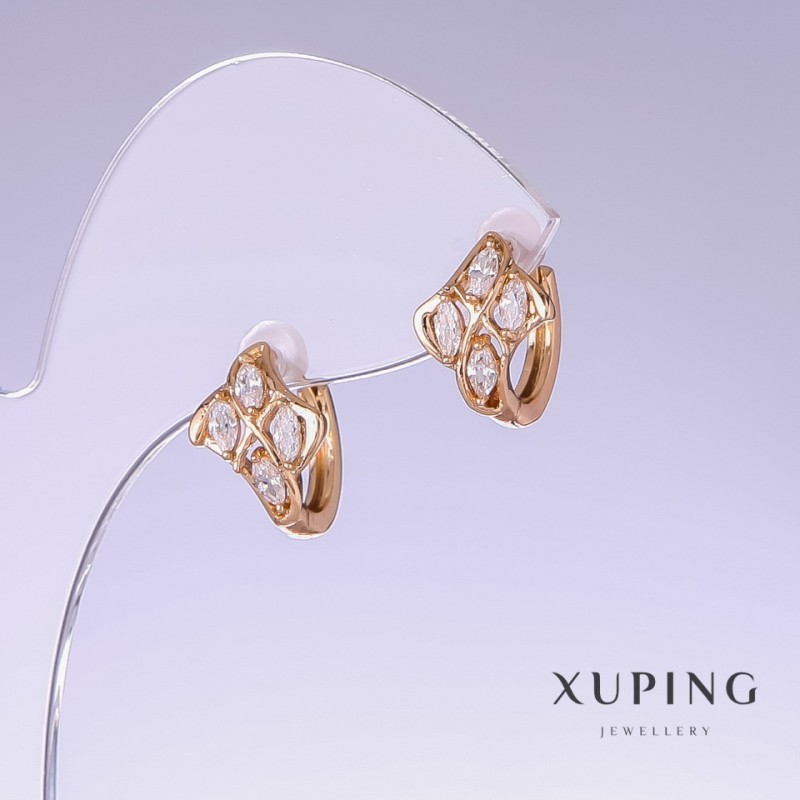 Kolczyki Xuping z białą cyrkonią, długość 13 mm, grubość 9 mm, pozłacane 18K