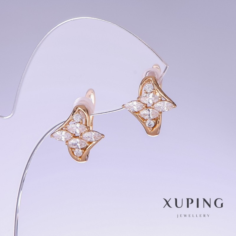 Kolczyki Xuping z białą cyrkonią, długość 14 mm, grubość 13 mm, pozłacanie 18k