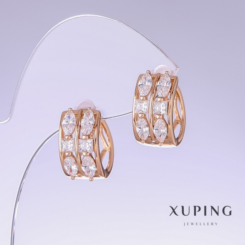 Kolczyki Xuping z białą cyrkonią, długość 18 mm, grubość 9 mm, pozłacane 18K