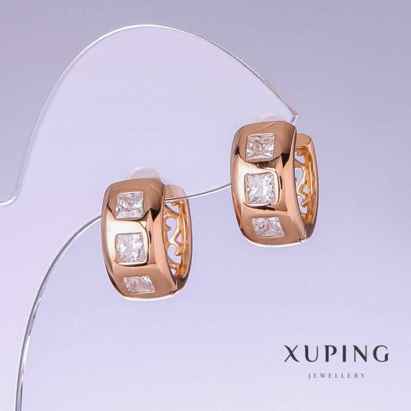 Kolczyki Xuping z białą cyrkonią, długość 17 mm, grubość 8 mm, pozłocenie 18K