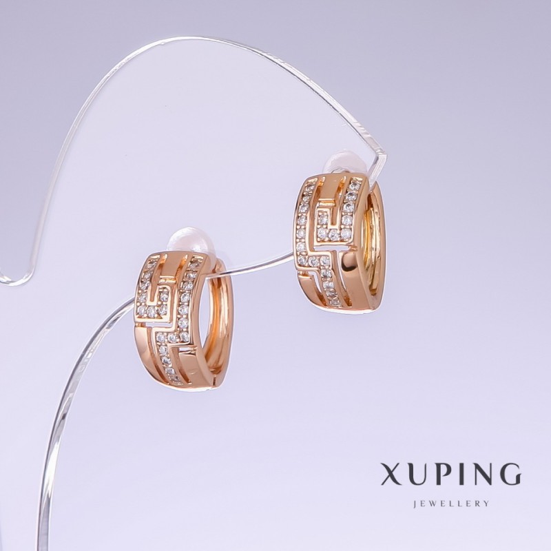 Kolczyki Xuping z białymi kryształami, długość 13 mm, grubość 7 mm, pozłacane 18K