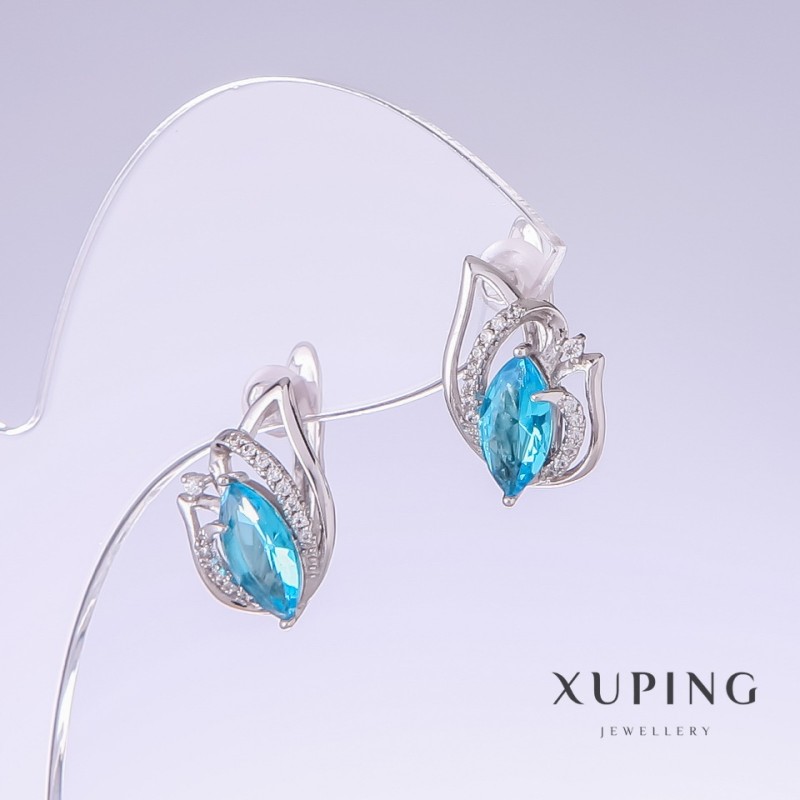 Kolczyki Xuping z błękitnymi cyrkoniami Topaz, długość 17 mm, grubość 10 mm, rodowane