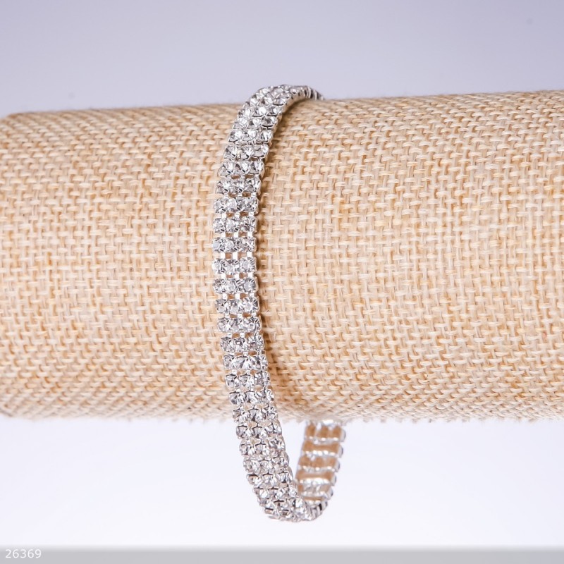 Trójrzędowa bransoletka z cyrkoniami, kolor biały, szerokość 7 mm, długość 19 cm, wykończenie srebrne