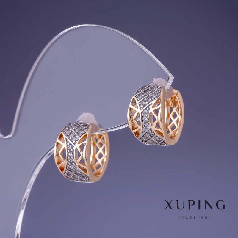 Kolczyki Xuping 12×8 mm, pozłacanie 18K i rodowanie, z białymi cyrkonami