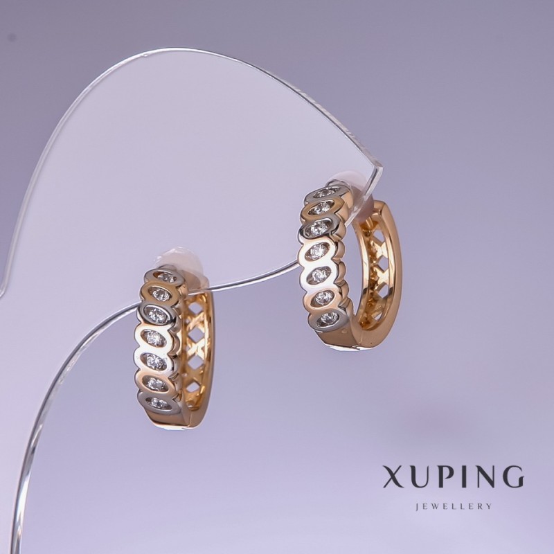 Kolczyki Xuping z białymi cyrkoniami 15×4 mm, rodowane i pozłacane 18k