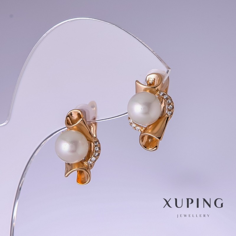 Kolczyki Xuping z białymi perłami „Majorka” 17×10 mm pozłocenie 18K