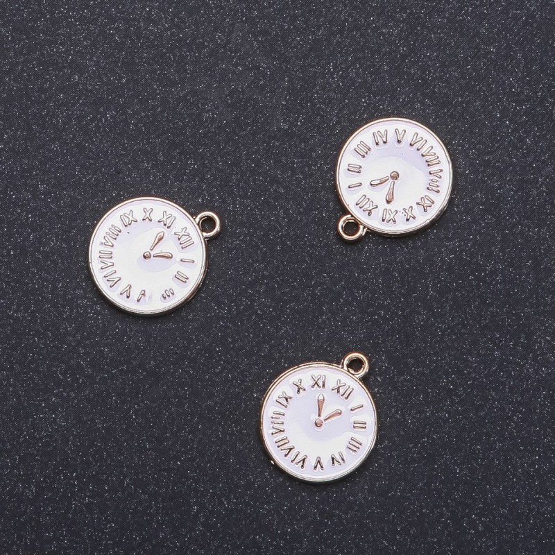 Zawieszka do biżuterii 'Zegarki' z białą emalią i złotym odcieniem, średnica 15 mm, długość 17 mm, średnica 1,75 mm, opakowanie 8 szt. (+/-)