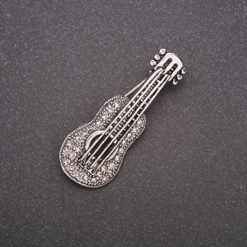 Broszka gitarowa w strassach, metal szary, 50×19 mm