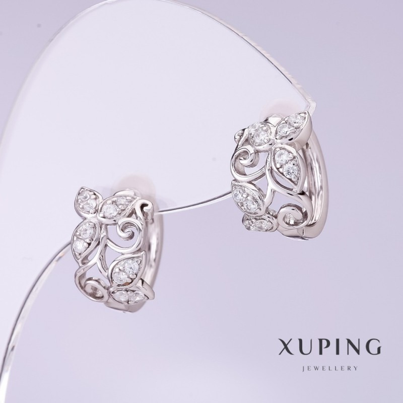 Kolczyki Xuping z białymi cyrkoniami, średnica 8 mm, długość 12 mm, rhodiowane