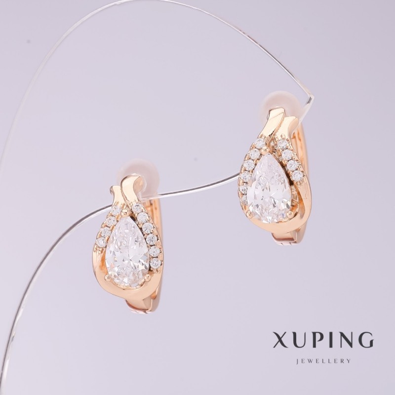 Kolczyki Xuping z białymi cyrkoniami, średnica 8 mm, długość 16 mm, pozłacane 18K