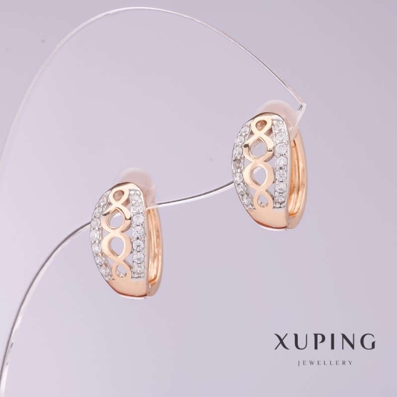 Kolczyki Xuping z białymi cyrkoniami, średnica 7 mm, długość 13 mm, pozłacane 18k, rodowane