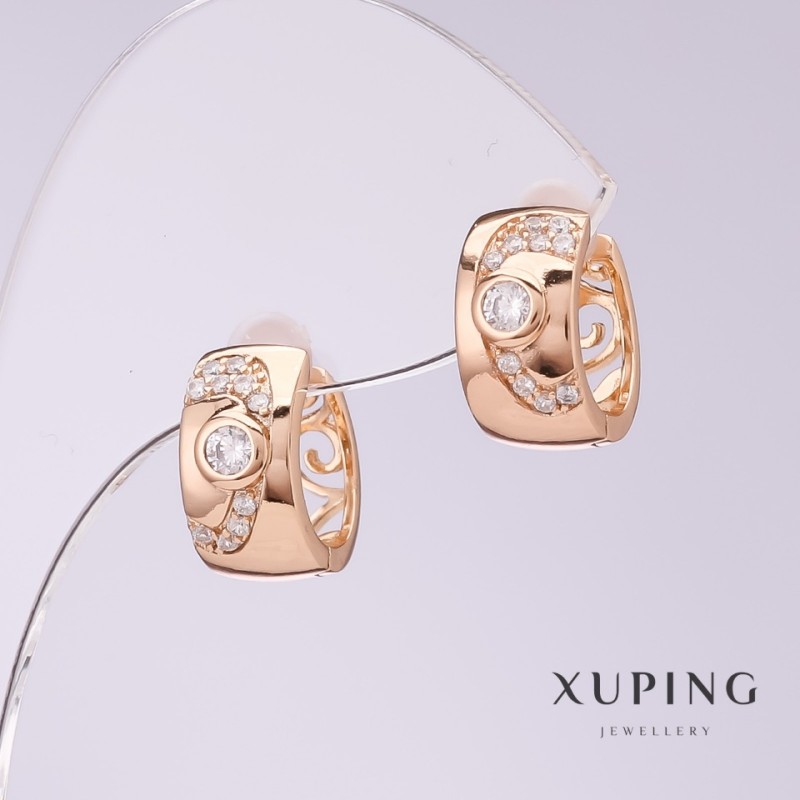 Kolczyki Xuping z białymi kryształami, średnica 7 mm, długość 14 mm, pozłacane 18K