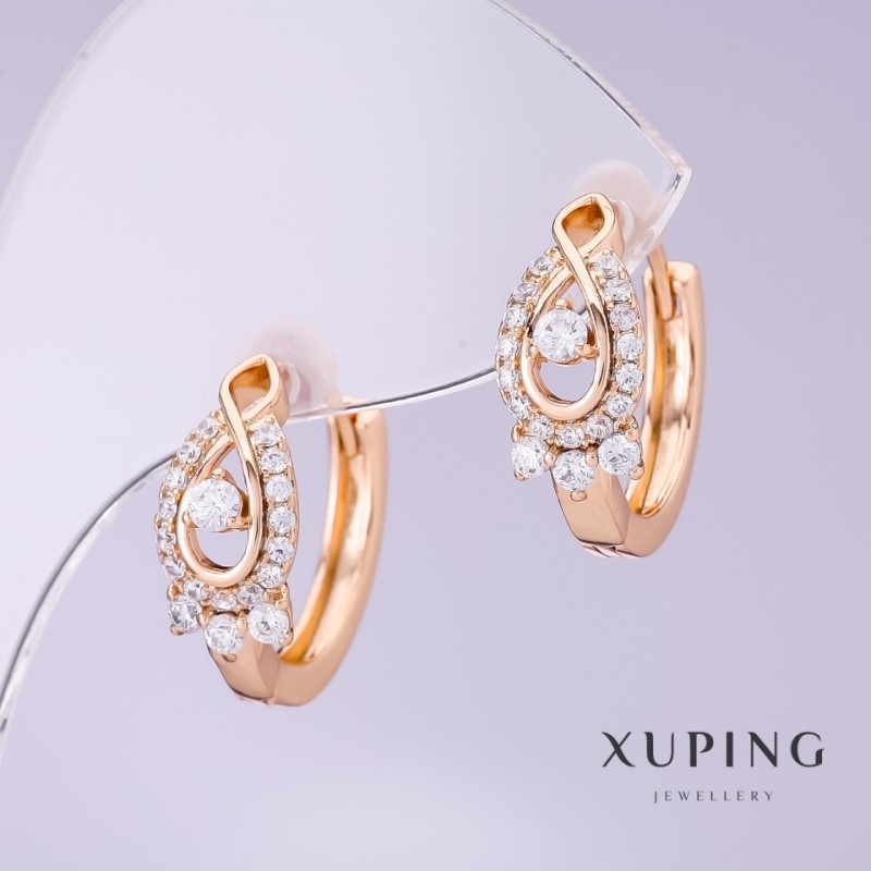 Kolczyki Xuping z białymi cyrkoniami, średnica 7 mm, długość 18 mm, pozłacane 18K