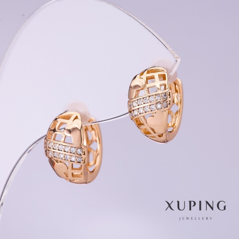 Kolczyki Xuping z białymi cyrkoniami, średnica 8 mm, długość 13 mm, pozłacane 18K