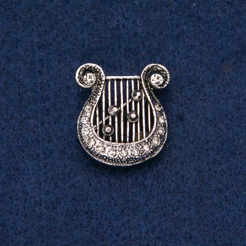 Broszka Lira 25×23 mm w ciemnych kryształach, ciemny metal
