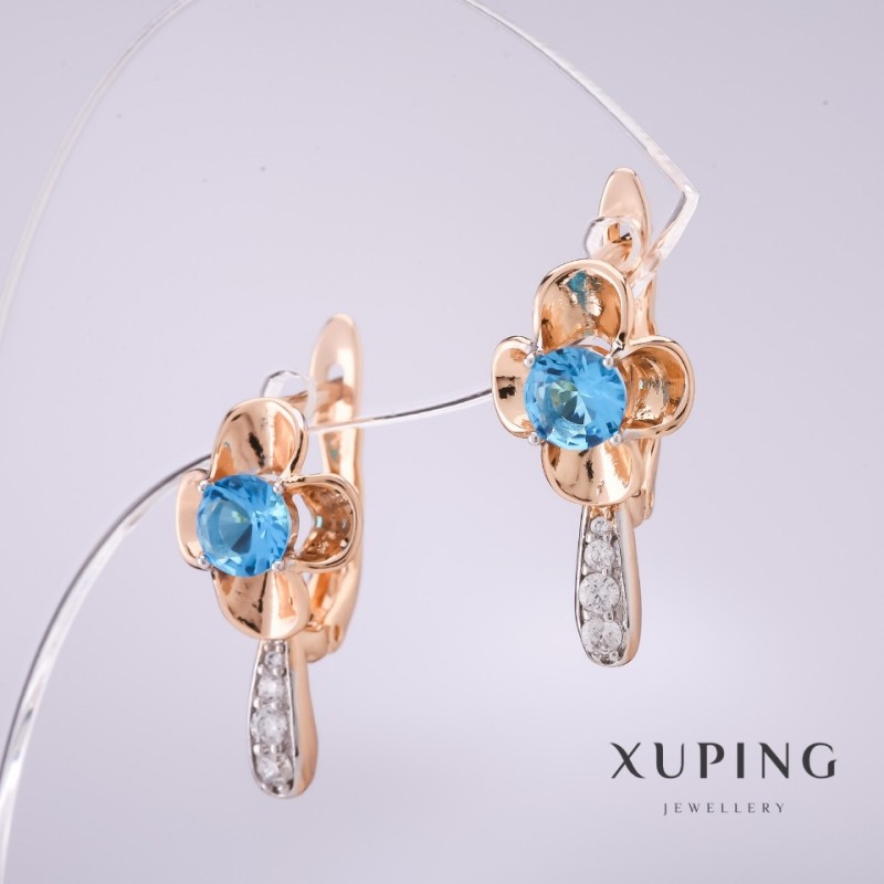 Kolczyki Xuping z błękitnymi kamieniami 20x10 mm pozłocenie 18K