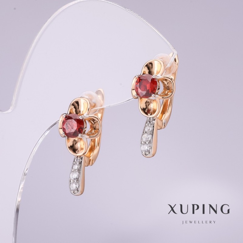 Kolczyki Xuping z czerwonym kamieniem, pozłacane 18K, 20×10 mm